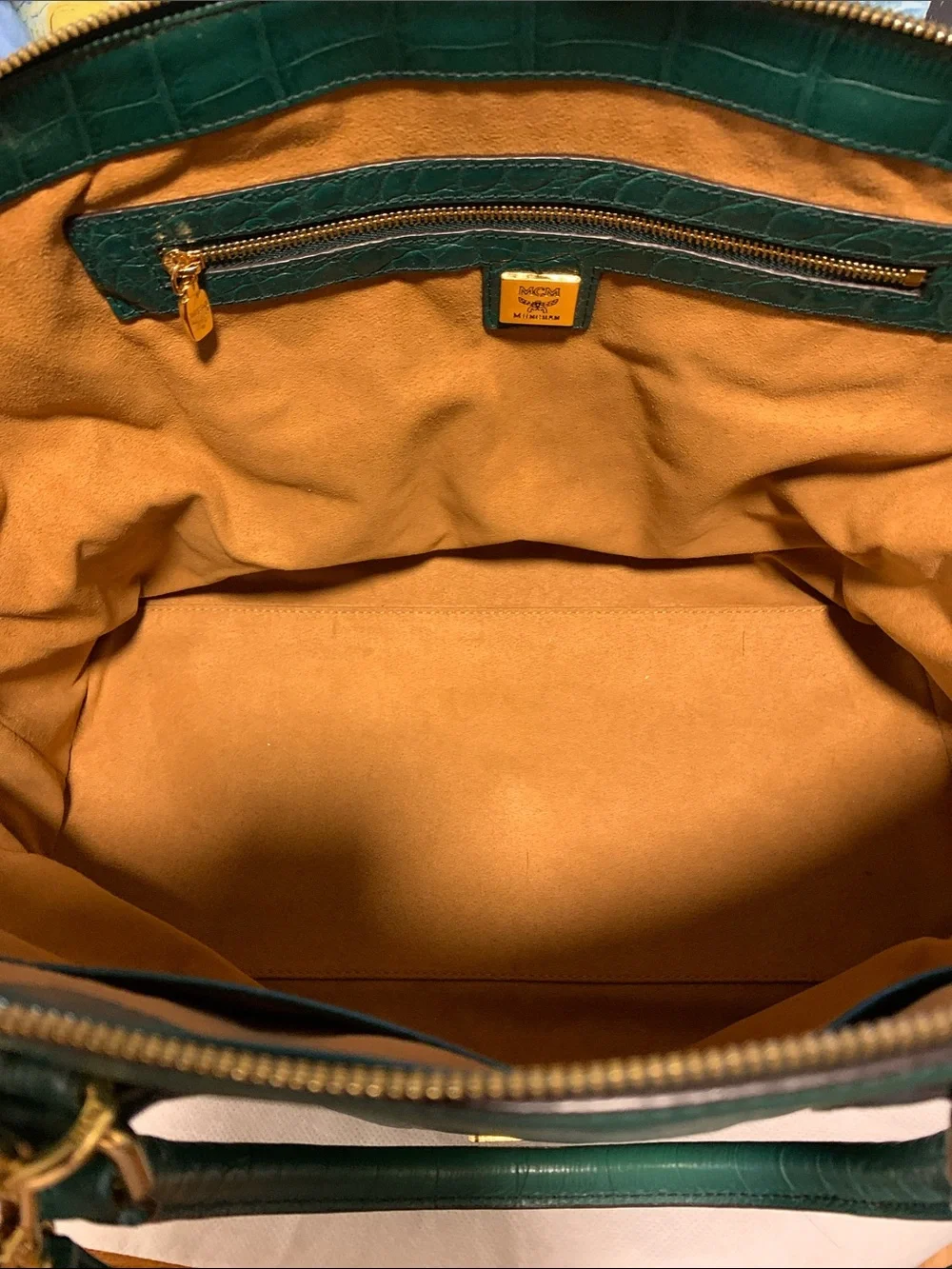 MCM Green Croc-Embossed Satchel with Gold Plaque with  Authenticity Card